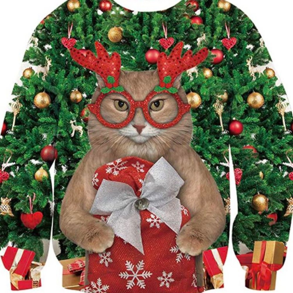 Unisex Christmas Sweater for Women Pullover Reindeer Cat Crewneck Long Sleeve